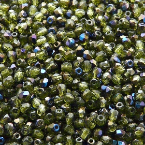 100ks České skleněné broušené ohňovky kulička 3mm olivín/ azuro polopokov