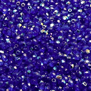 100ks České skleněné broušené ohňovky kulička 3mm modrý kobalt/ AB polopokov