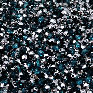100ks České skleněné broušené ohňovky kulička 3mm tmává akva/ hliník polopokov