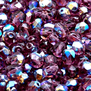 50ks České skleněné broušené ohňovky kulička 6mm ametyst/ AB polopokov