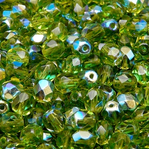 50ks České skleněné broušené ohňovky kulička 6mm olivín/ AB polopokov
