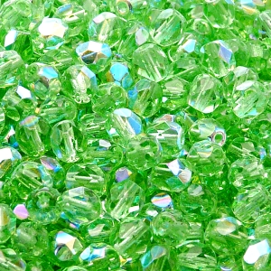 50ks České skleněné broušené ohňovky kulička 6mm zelený peridot/ AB polopokov