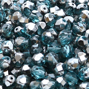 50ks České skleněné broušené ohňovky kulička 6mm světlá akva/ chrom polopokov