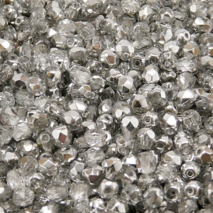 100ks České skleněné broušené ohňovky kulička 4mm čirá/ hliník polopokov