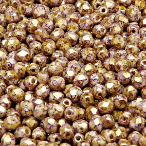 100ks České skleněné broušené ohňovky kulička 4mm bílá/ fialovo hnědý senegal listr