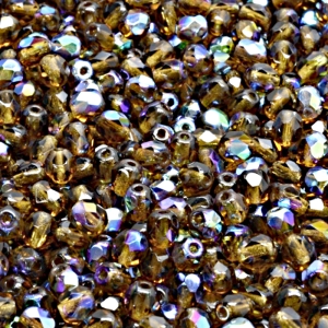 100ks České skleněné broušené ohňovky kulička 4mm kouřový topas/ AB polopokov