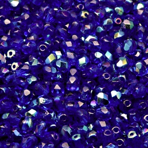 100ks České skleněné broušené ohňovky kulička 4mm modrý kobalt/ AB polopokov