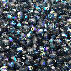 100ks České skleněné broušené ohňovky kulička 4mm montán safír/ AB polopokov