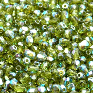 100ks České skleněné broušené ohňovky kulička 4mm olivín/ AB polopokov