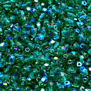 100ks České skleněné broušené ohňovky kulička 4mm emerald/ AB polopokov