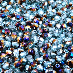 100ks České skleněné broušené ohňovky kulička 4mm světlá akva/ zairit polopokov