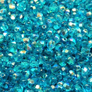 100ks České skleněné broušené ohňovky kulička 4mm zelená akva/ AB polopokov