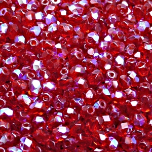 100ks České skleněné broušené ohňovky kulička 4mm rubín/ AB polopokov
