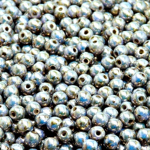 100ks České skleněné mačkané korálky kulička 4mm bílá/ modrá lazura s listrem