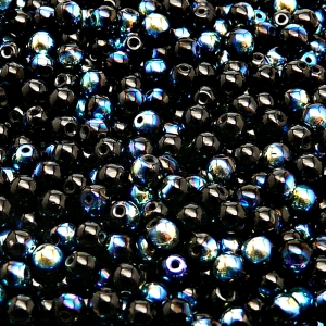 100ks České skleněné mačkané korálky kulička 4mm černá/ AB polopokov