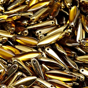 30ks České skleněné mačkané korálky jazýčky 5x16mm topas/ zlato polopokov