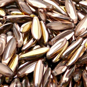 30ks České skleněné mačkané korálky jazýčky 5x16mm čirá/ gold capri polopokov