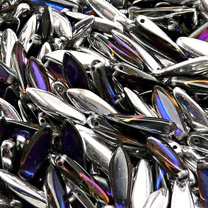 30ks České skleněné mačkané korálky jazýčky 5x16mm čirá/ heliotrop polopokov