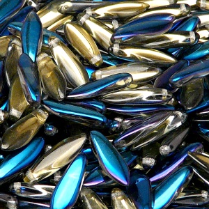 30ks České skleněné mačkané korálky jazýčky 5x16mm čirá/ blue flare polopokov