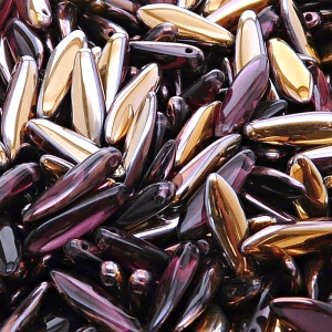 30ks České skleněné mačkané korálky jazýčky 5x16mm ametyst/ gold capri polopokov