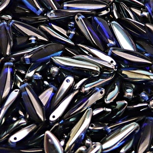 30ks České skleněné mačkané korálky jazýčky 5x16mm safír/ celsian polopokov