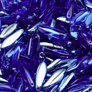 30ks České skleněné mačkané korálky jazýčky 5x16mm safír/ AB polopokov