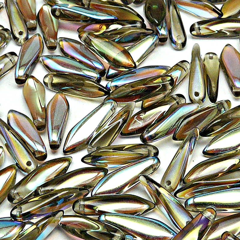 30ks České skleněné mačkané korálky jazýčky 5x16mm kouřová šedá/ AB polopokov