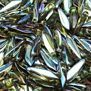 30ks České skleněné mačkané korálky jazýčky 5x16mm kouřová šedá/ AB polopokov