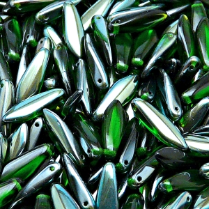 30ks České skleněné mačkané korálky jazýčky 5x16mm chrysolit/ celsian polopokov