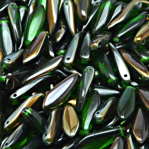 30ks České skleněné mačkané korálky jazýčky 5x16mm chrysolit/ valentinit polopokov