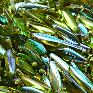 30ks České skleněné mačkané korálky jazýčky 5x16mm olivín/ AB polopokov