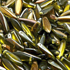 30ks České skleněné mačkané korálky jazýčky 5x16mm olivín/ valentinit polopokov