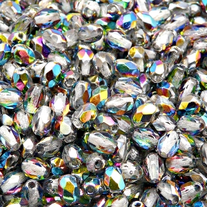 50ks České skleněné broušené tvarové ohňovky olivy 6x4mm čirá/ vitrail polopokov