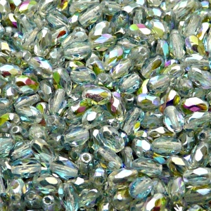 50ks České skleněné broušené tvarové ohňovky olivy 6x4mm čirá/ zelená duha