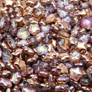 40ks České skleněné mačkané korálky hvězdička 6mm čirá/ měděná duha