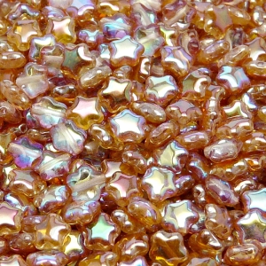 40ks České skleněné mačkané korálky hvězdička 6mm čirá/ oranžová duha