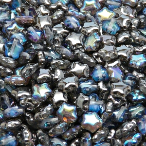 40ks České skleněné mačkané korálky hvězdička 6mm čirá/ grafitová duha