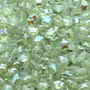 40ks České skleněné mačkané korálky hvězdička 6mm čirá/ zelená duha