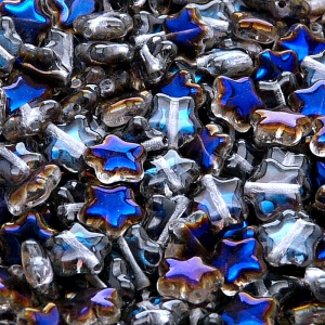 40ks České skleněné mačkané korálky hvězdička 8mm čirá/ azuro polopokov