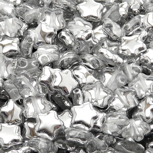 40ks České skleněné mačkané korálky hvězdička 8mm čirá/ hliník polopokov