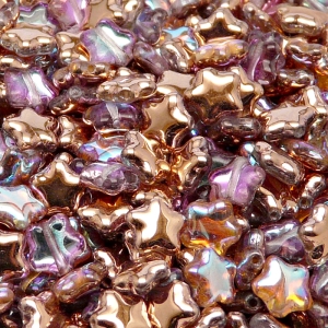 40ks České skleněné mačkané korálky hvězdička 8mm čirá/ měděná duha