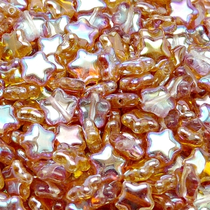 40ks České skleněné mačkané korálky hvězdička 8mm čirá/ oranžová duha