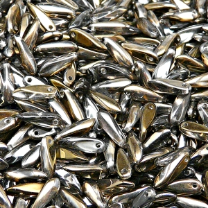 50ks České skleněné mačkané korálky jazýčky 3x11mm čirá/ valentinit polopokov