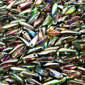 50ks České skleněné mačkané korálky jazýčky 3x11mm čirá/ vitrail polopokov