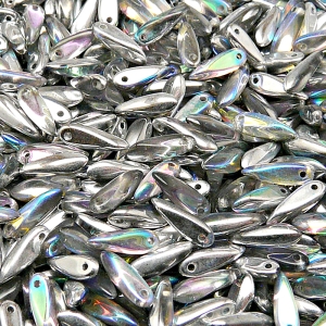 50ks České skleněné mačkané korálky jazýčky 3x11mm čirá/ stříbrná duha