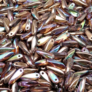 50ks České skleněné mačkané korálky jazýčky 3x11mm čirá/ měděná duha