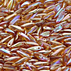 50ks České skleněné mačkané korálky jazýčky 3x11mm čirá/ oranžová duha