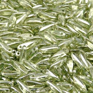 50ks České skleněné mačkané korálky jazýčky 3x11mm čirá/ světle zelený listr