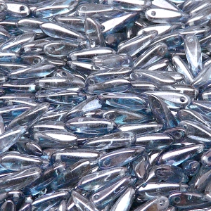 50ks České skleněné mačkané korálky jazýčky 3x11mm čirá/ modrý listr