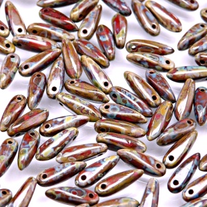 50ks České skleněné mačkané korálky jazýčky 3x11mm červený korál/ travertin